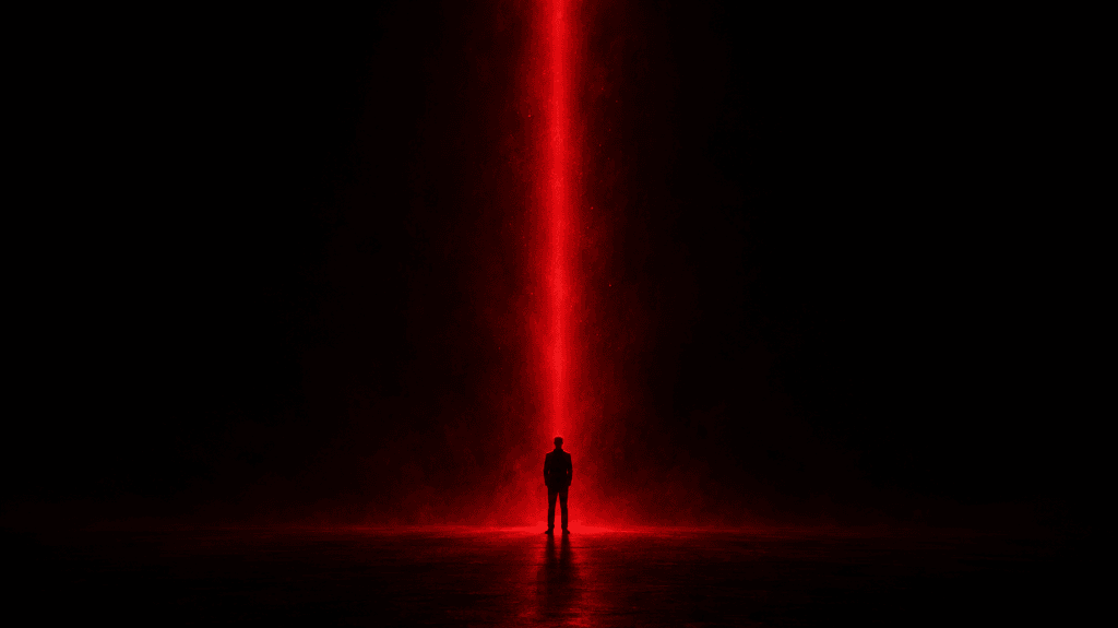 Human silhouette under centered vermilion beam