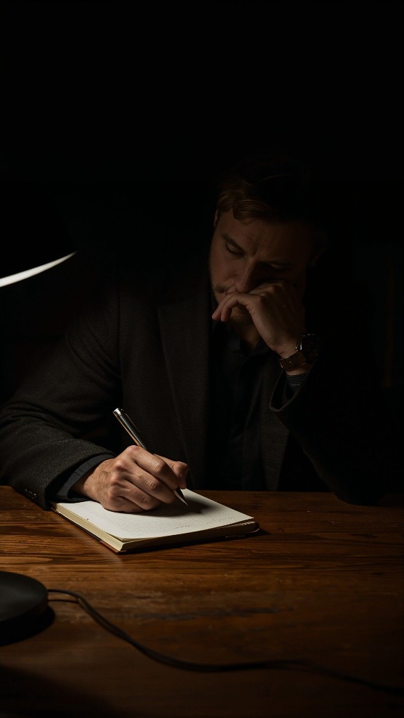 Thoughtful professional writing in journal under warm desk light